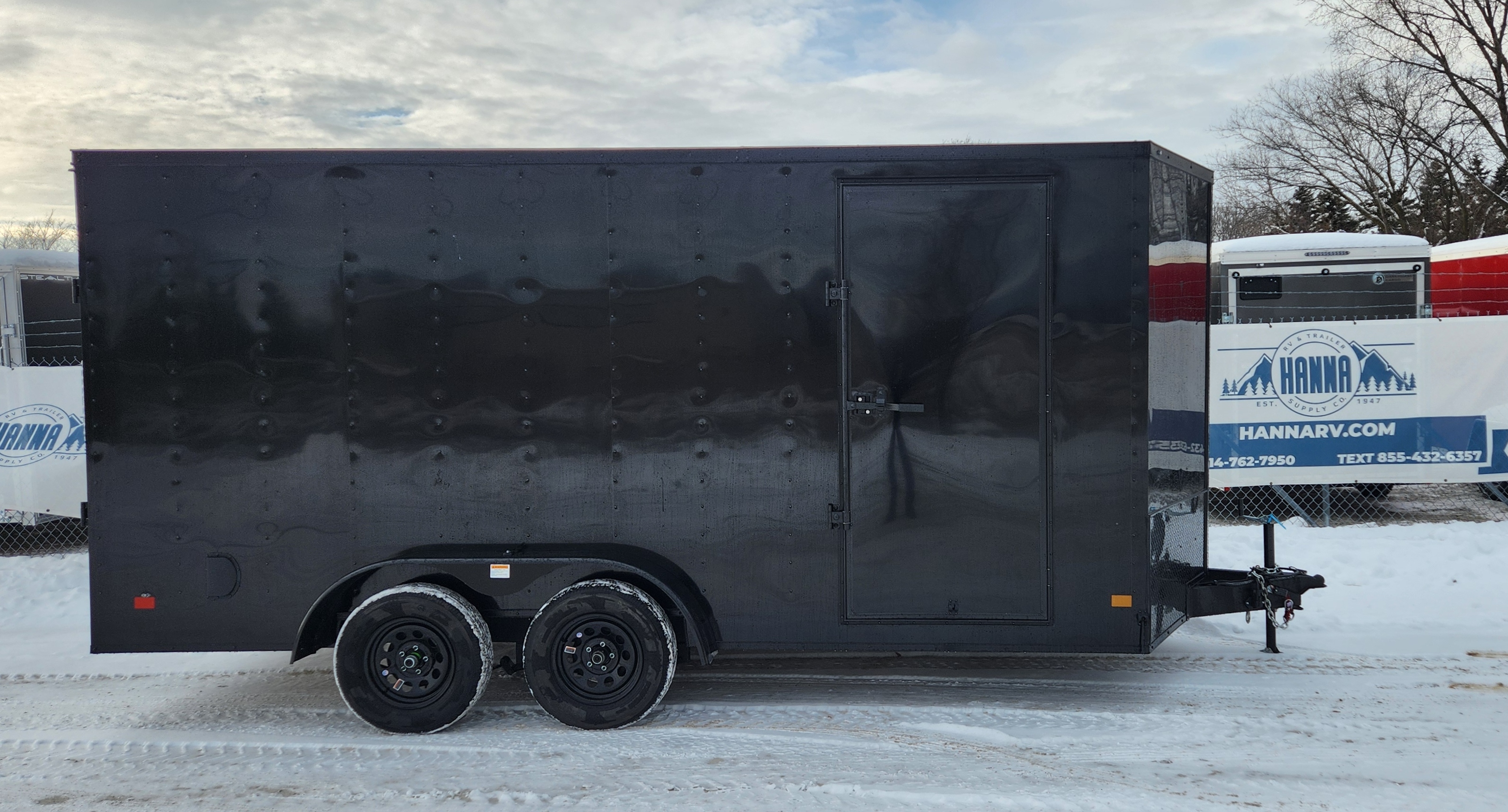 DarkHorse 7X16 Wedge Nose Tandem Axle Steel Cargo Trailer with Ramp Door, 12" extra Height- 1500 Series - Black with Blackout Package